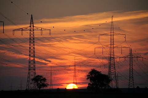 utility post during sunset, current, reinforce, energy, power line HD wallpaper