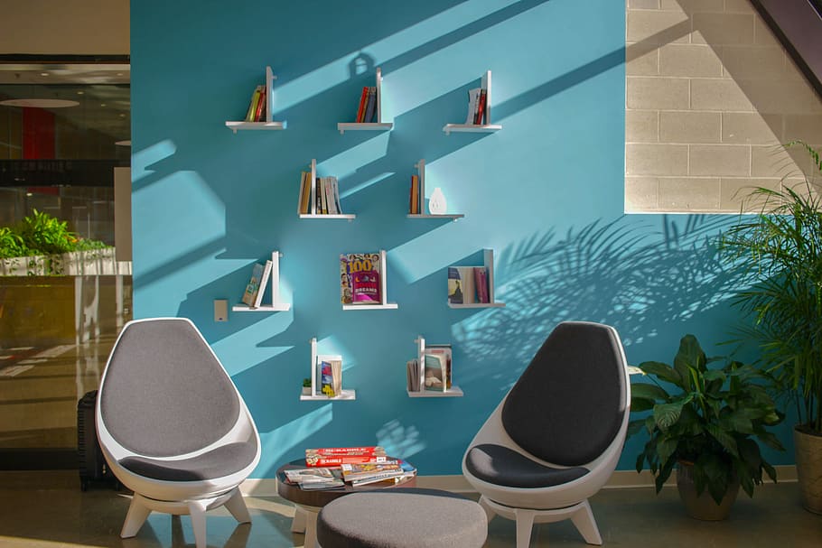 two white chairs near wall, white and black wooden living room furniture set HD wallpaper