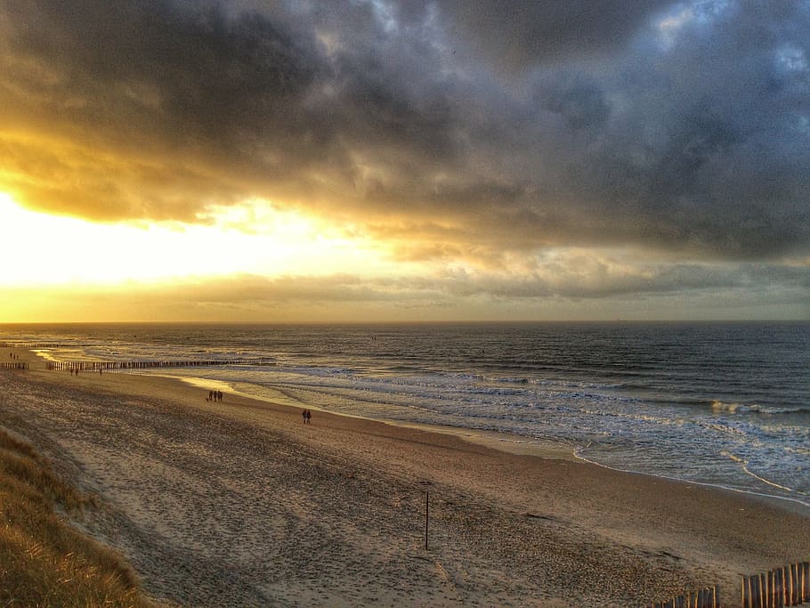 beach, sunset, sand, sea, zeeland, domburg, dunes, walk, clouds HD wallpaper