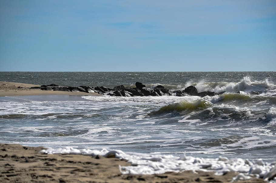 Beach, Sand, Water, Waves, sea, nature, no people, blue, motion HD wallpaper