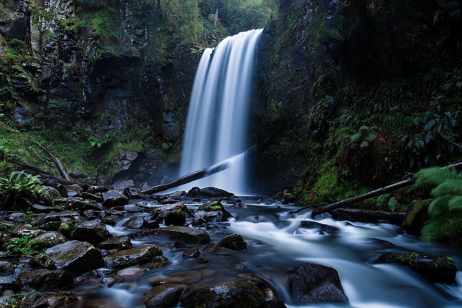 waterfall, stream, spring, nature, green, moss, rocks, trees HD wallpaper