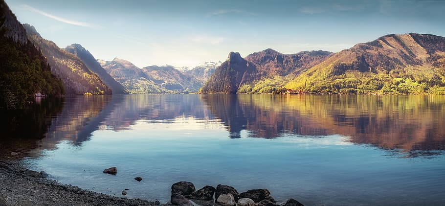 lake and mountains digital photo, landscape photography of body of water surrounded by mountains during day time, HD wallpaper