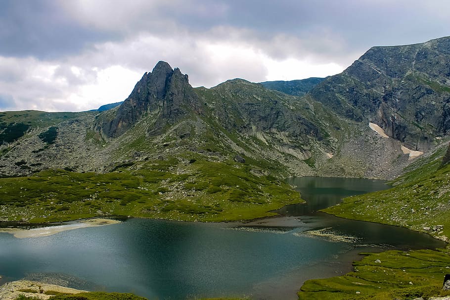 photo of mountains near body of water, green, covered, calm HD wallpaper