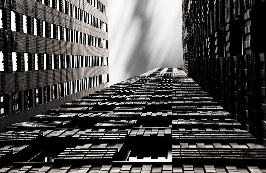 low-angle photo of gray concrete high-rise building, low angle photography of building HD wallpaper