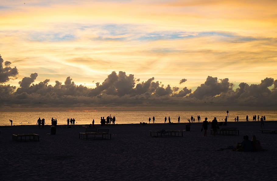 people gathering near beach under golden hour, cloudscape, sunset HD wallpaper