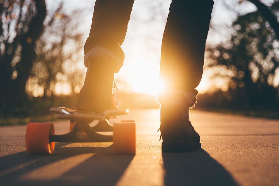 person on white longboard, asphalt, blur, city, dawn, evening HD wallpaper
