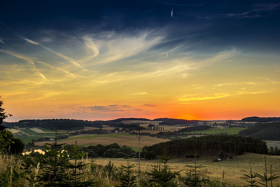 panoramic view of town under clear skies during sunset, landscape HD wallpaper