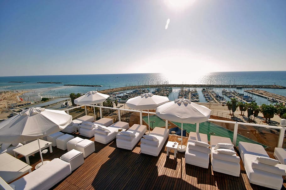 four white parasols on brown floor under blue sky, Tel Aviv, View, HD wallpaper