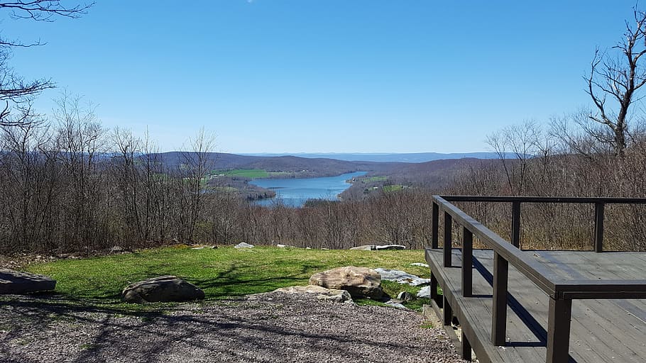 overlook, mountain top, summit, sky, water, tree, plant, nature HD wallpaper