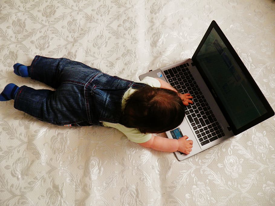 high-angle photography of baby playing laptop, kid, technique HD wallpaper