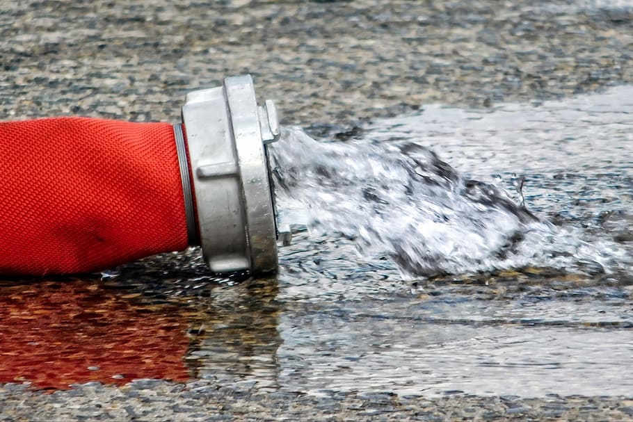 fire, hose, water, motion, day, red, nature, sea, no people HD wallpaper