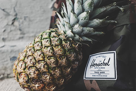 pineapple near Hershcel bag, pineapple fruit shallow focus photography HD wallpaper