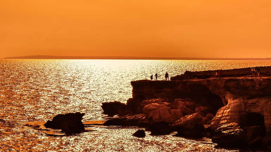 sunset, shadows, sea, silhouettes, evening, dusk, orange, sea caves HD wallpaper