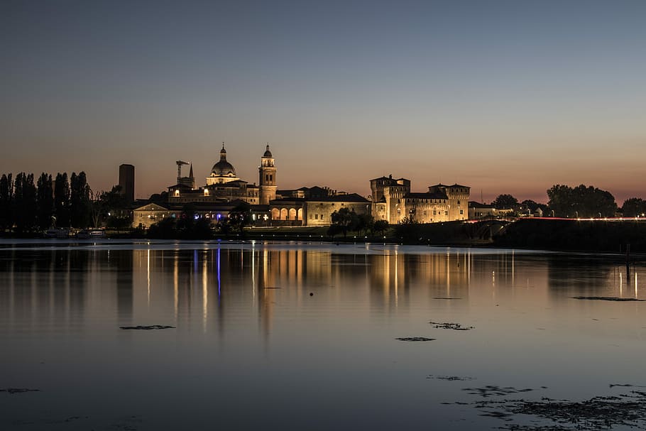 Mantova, Night, Sunset, Lakes, City, lights, reflection, architecture, HD wallpaper