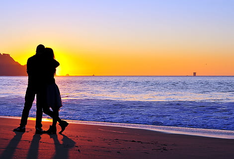 Sunset at the beach, landscape, people, sea, silhouette, outdoors HD wallpaper