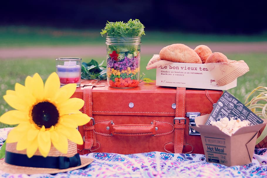 yellow Sunflower flower near red leather case, food, summer, basket HD wallpaper