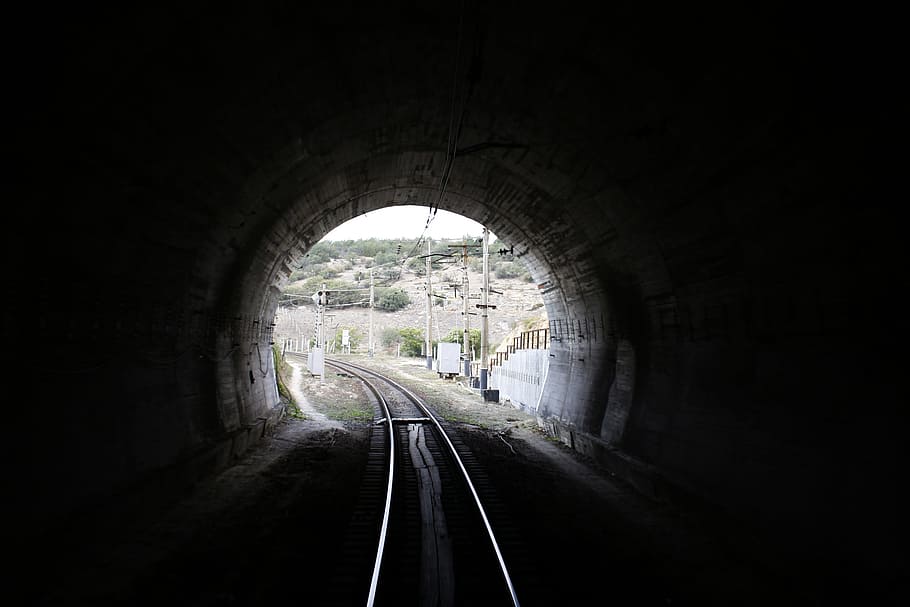 Tunnel, Railway, Railway, Train, Mountain, Crimea, light, the end