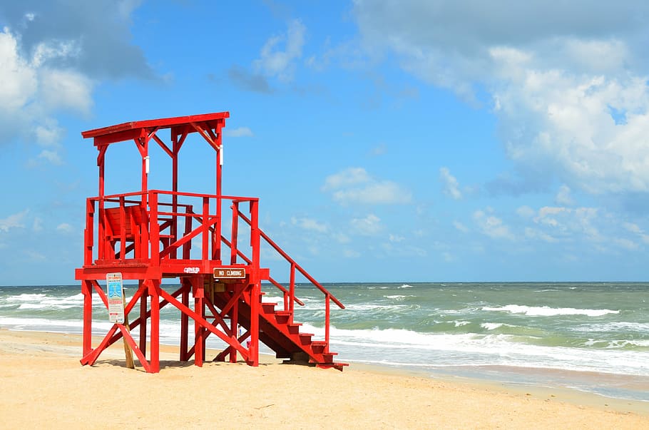 red Lifeguard station beside sea, empty, life guard, stand, beach, HD wallpaper