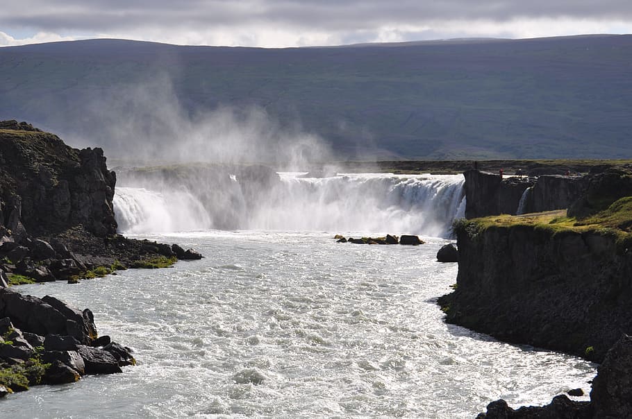 Iceland, Godafoss, Waterfall, Nature, motion, power in nature