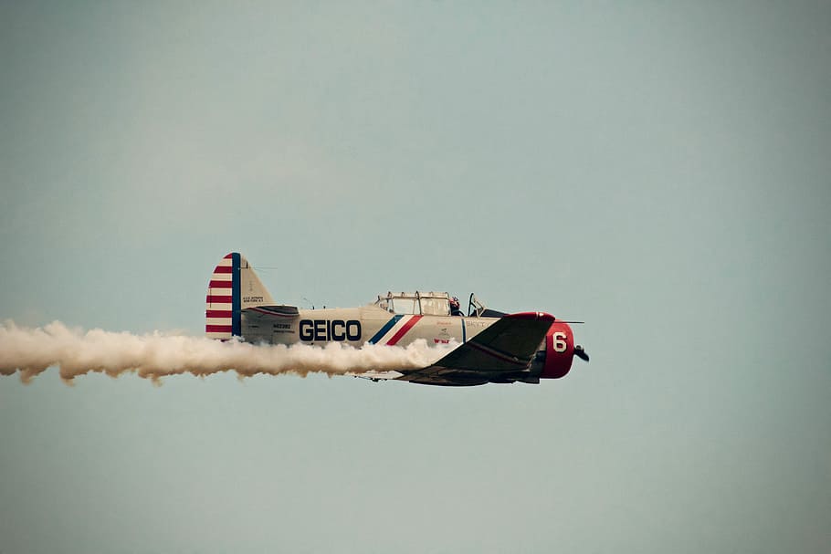 gray Geico plane flying, airplane, smoke, propeller, wing, old HD wallpaper