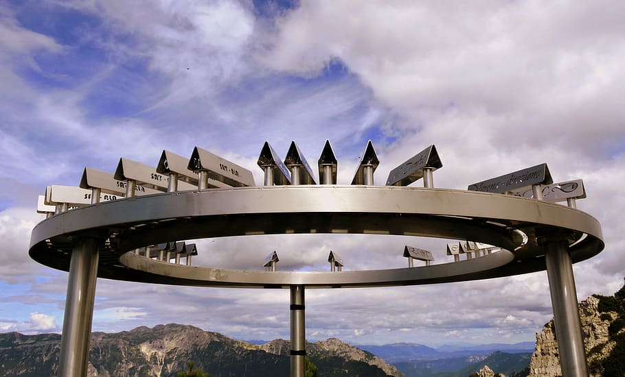 indication, direction, mountains, circle, hiking, signal, sky HD wallpaper