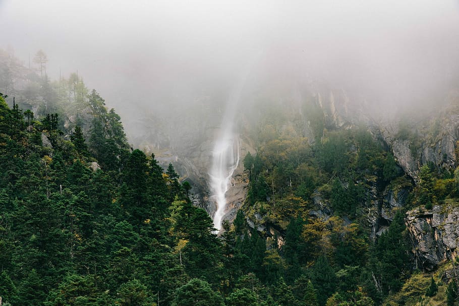 landscape photo of waterfalls surrounded by trees covered with fog, green tress in front of waterfalls HD wallpaper