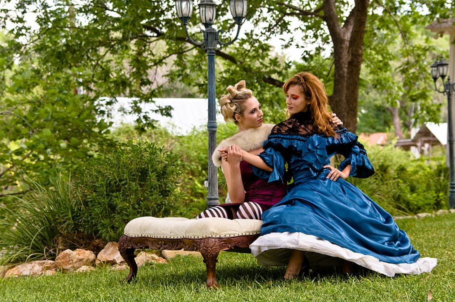 models, people, sitting, trees, women, mammal, domestic animals HD wallpaper