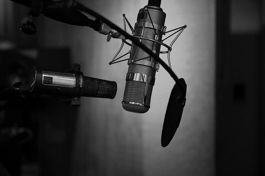 grayscale photography of condenser microphone with pop filter, grayscale photo of studio microphone with condenser