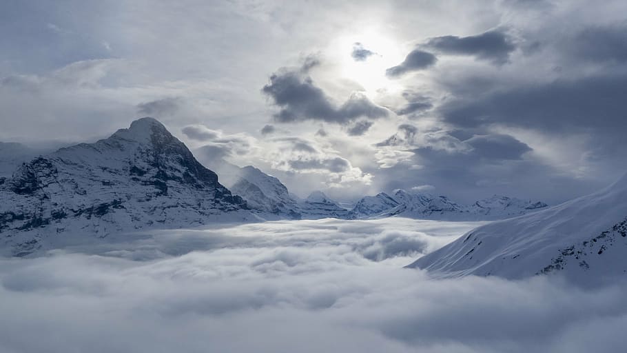 snow mountain peaks under cloudy sky, grindelwald, eiger, switzerland HD wallpaper