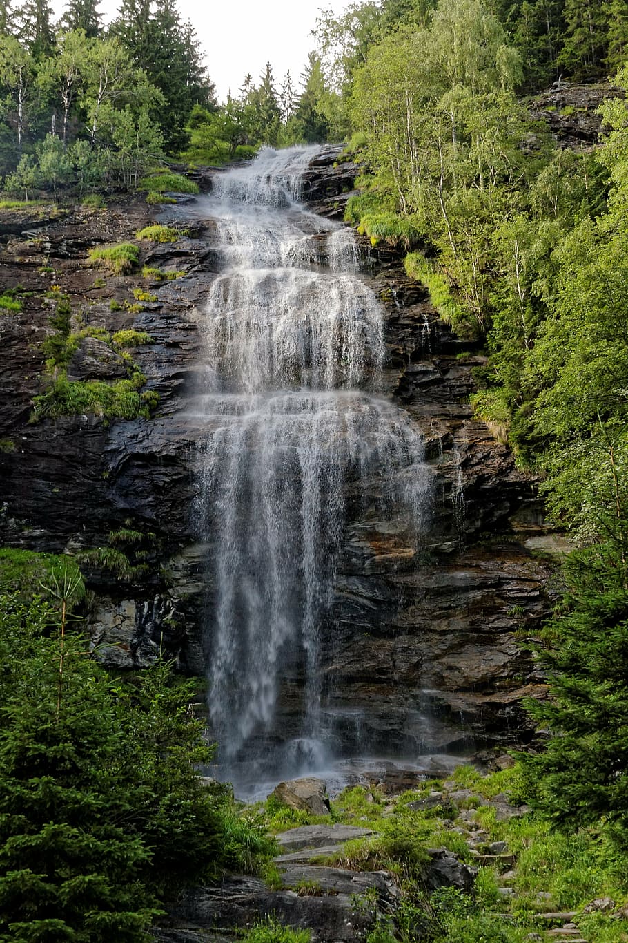photo of waterfall near green trees during daytime, alpine HD wallpaper