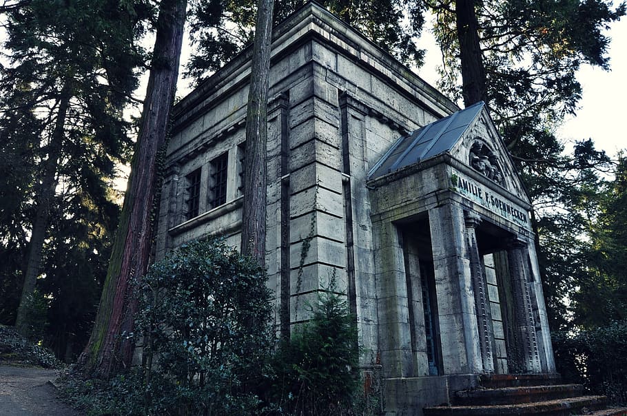 abandoned concrete building, crypt, cemetery, death, tomb, horror HD wallpaper