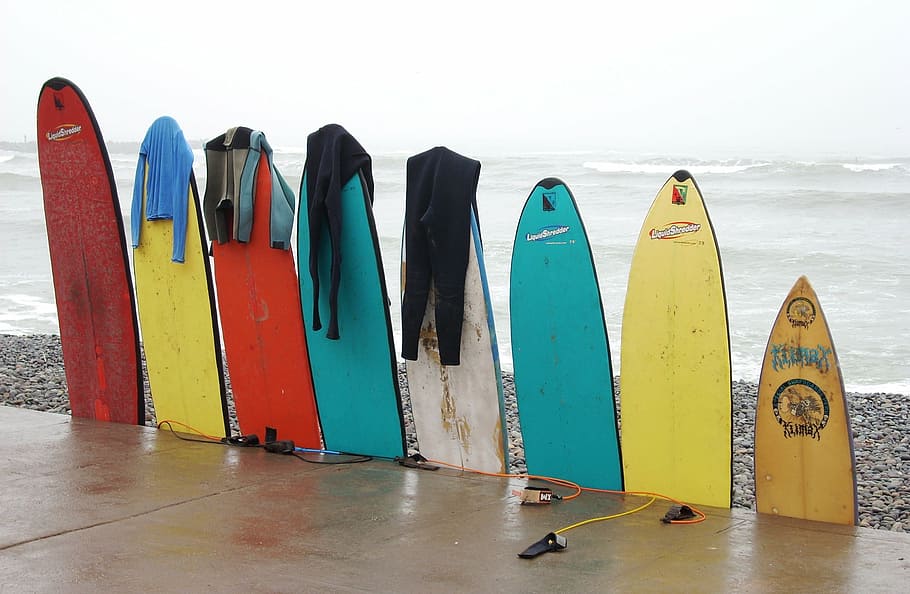 surfboard piled on road, tables, colors, ocean, sport, water HD wallpaper
