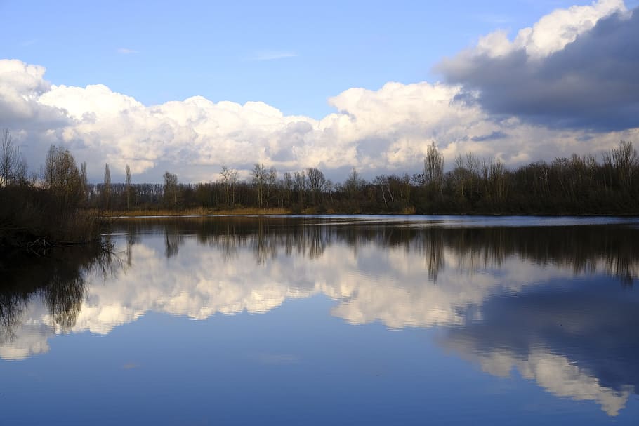 lake, water, clouds, sky, landscape, nature, mirroring, reflections HD wallpaper