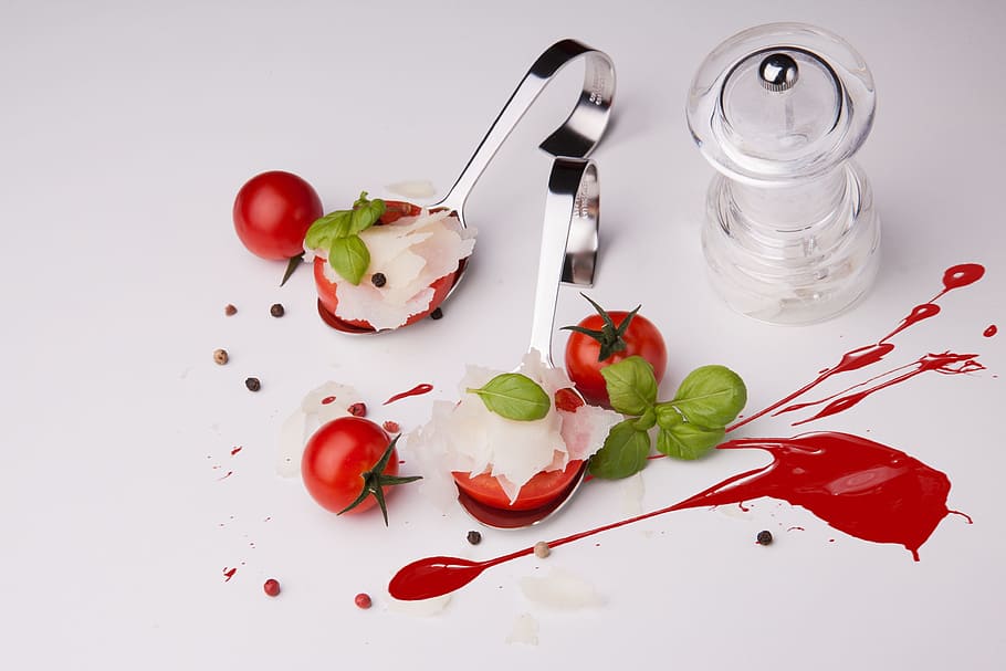 tomatoes flatten on white surface, parmesan, starter, cold HD wallpaper