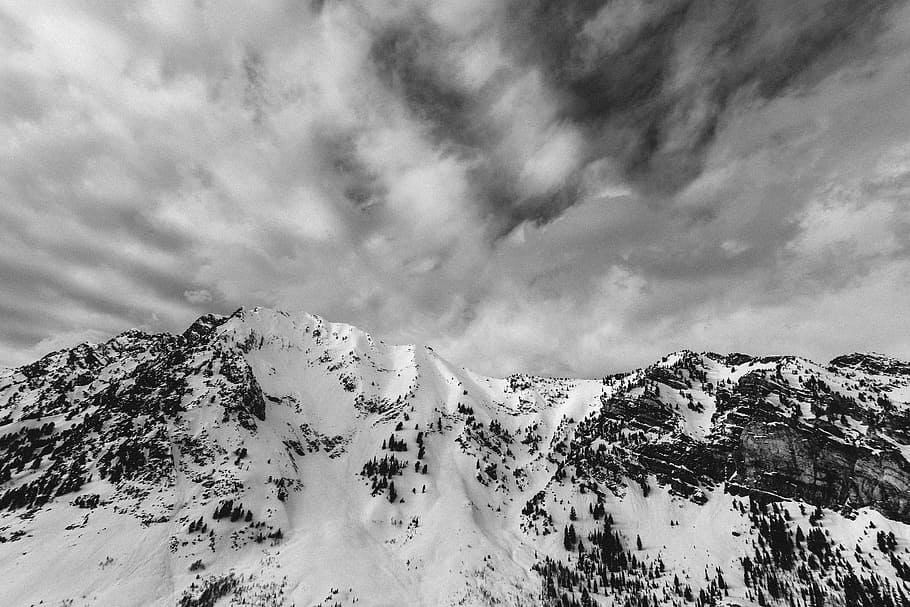 grayscale photo of mountain apls, white and gray mountain under white sky at daytime HD wallpaper