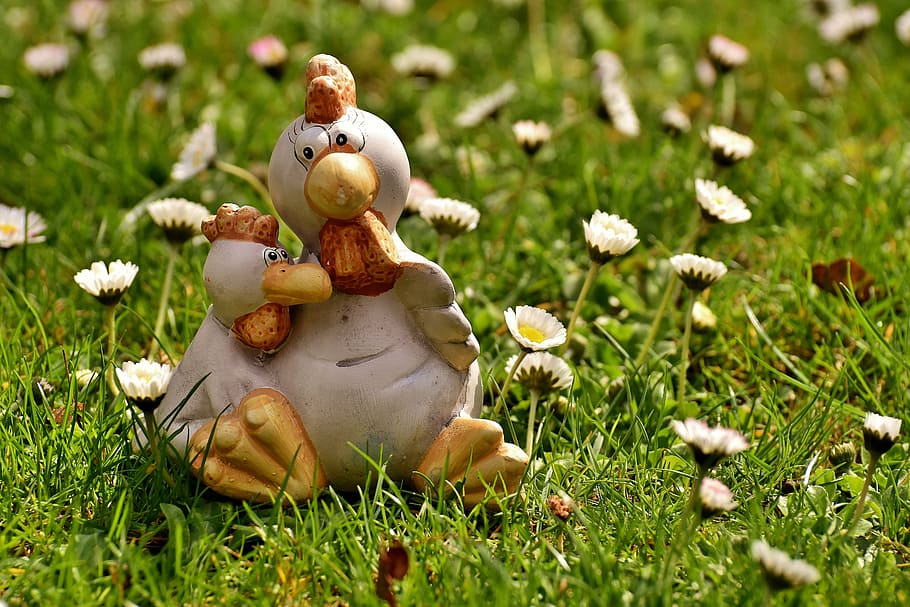 two chicken figurine in flower garden, chickens, figure, ceramic HD wallpaper