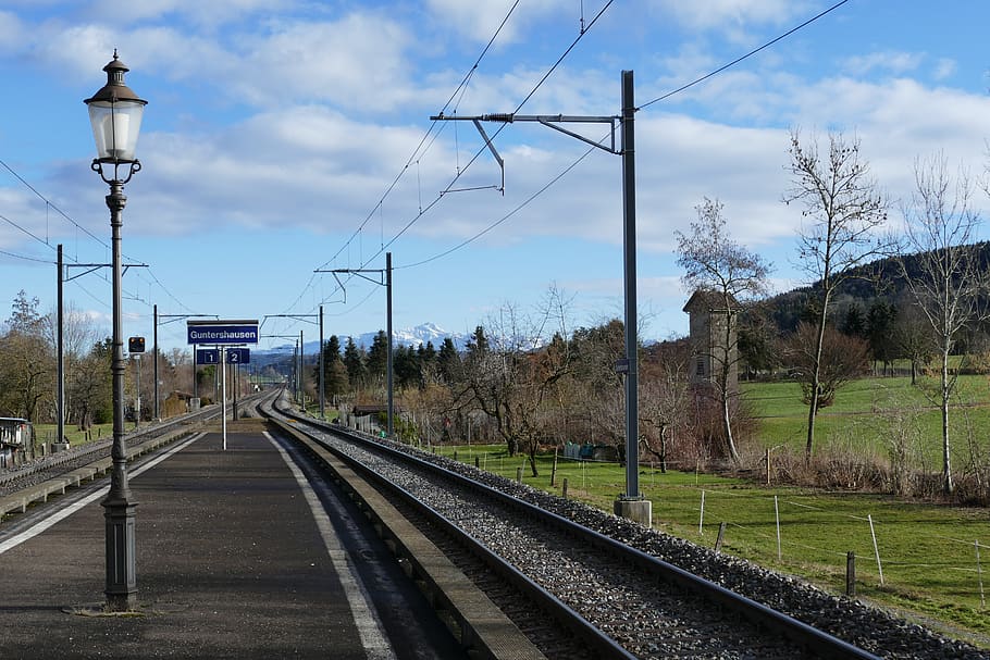 train, stop, mountain, tracks, lamp, rail transportation, railroad track HD wallpaper