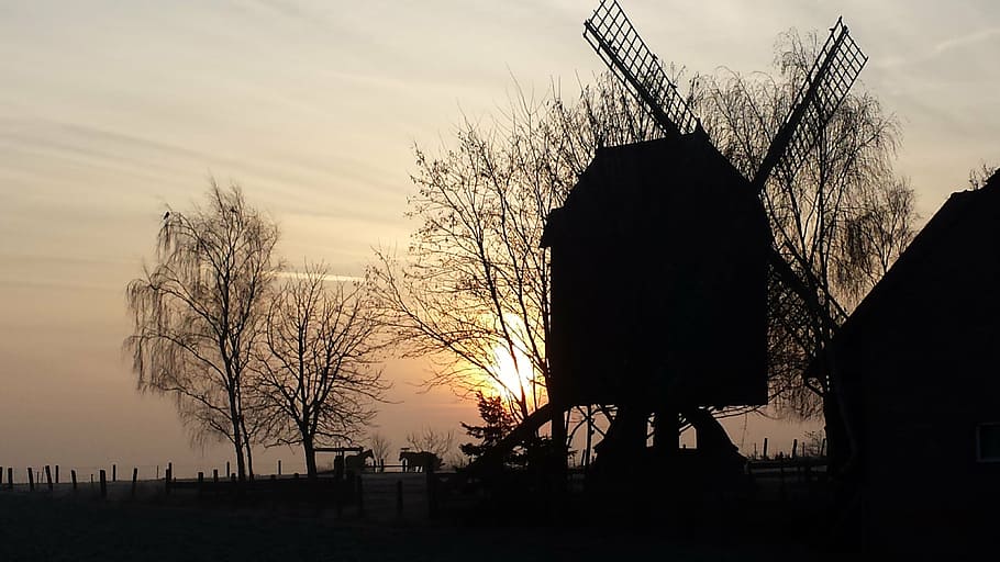 windmill, idyllic, lower saxony, sky, sunset, architecture HD wallpaper