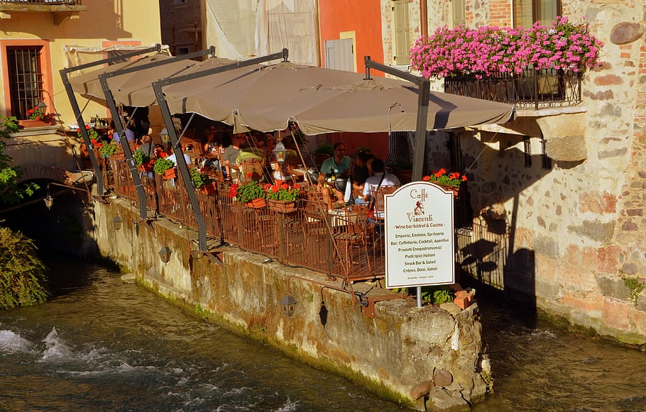 bar, restaurant, outdoors, river, umbrellas, tables, chairs HD wallpaper