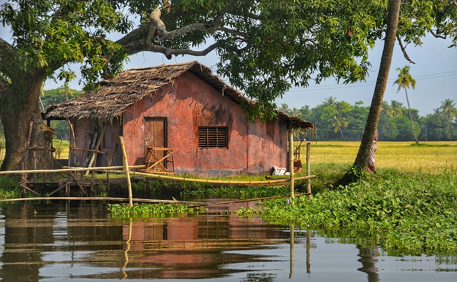 brown house near lake, tree, shade, river, water, simple, wood HD wallpaper