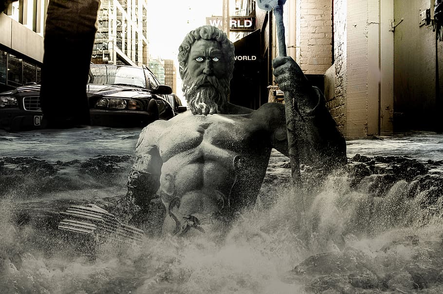 composing, neptune, water, fantasy, animal themes, mammal, architecture HD wallpaper