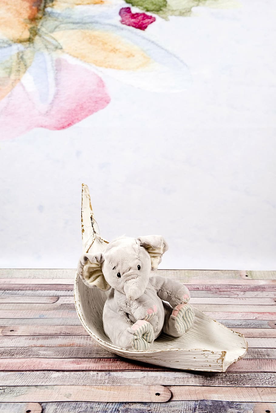gray elephant plush toy, the mascot, sitting, studio, colorful HD wallpaper