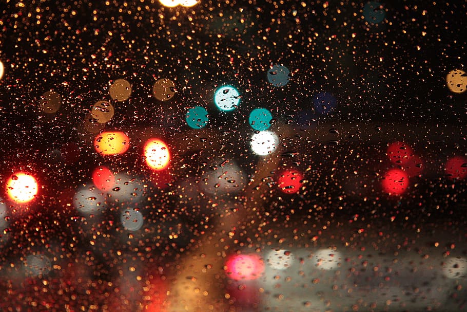 bokeh lights, bokeh at night, glass, rain, colour, car, drop HD wallpaper