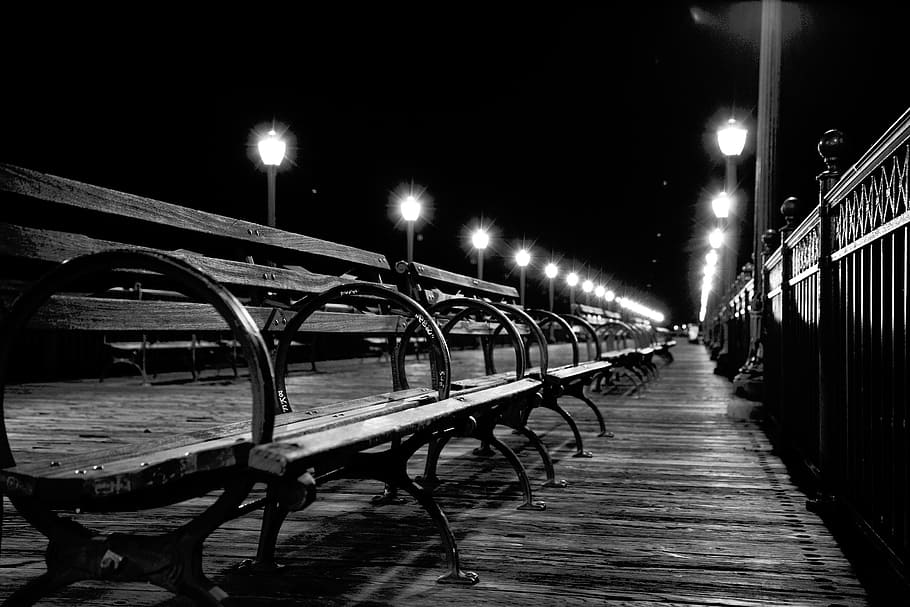 places, lights, night, bench, rails, walk, illuminated, street HD wallpaper