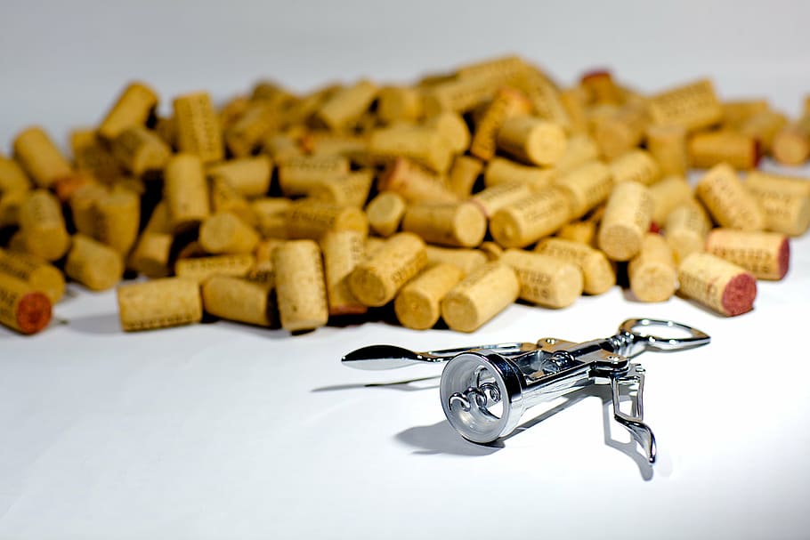 brown cork lot with gray stainless steel cork opener, corks HD wallpaper