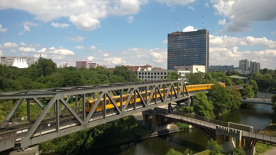 berlin, metro, bvg, bridge, yellow, above ground, capital, train, HD wallpaper