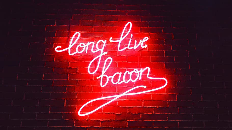 red ling live bacon neon light signage on brown wall bricks, red long live bacon neon light signage on wall, HD wallpaper