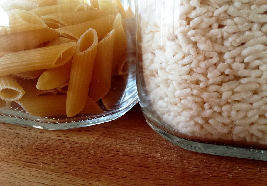 pasta and grain in clear glass jars, penne, white, rice, carbs HD wallpaper