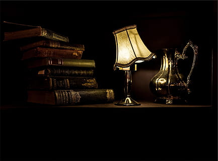 silver and white table lamp, desk, light, wood, books, vintage HD wallpaper