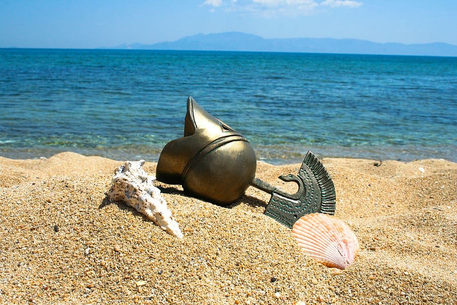 Helmet, Beach, Sand, Greece, shall, sea, water, horizon over water, HD wallpaper
